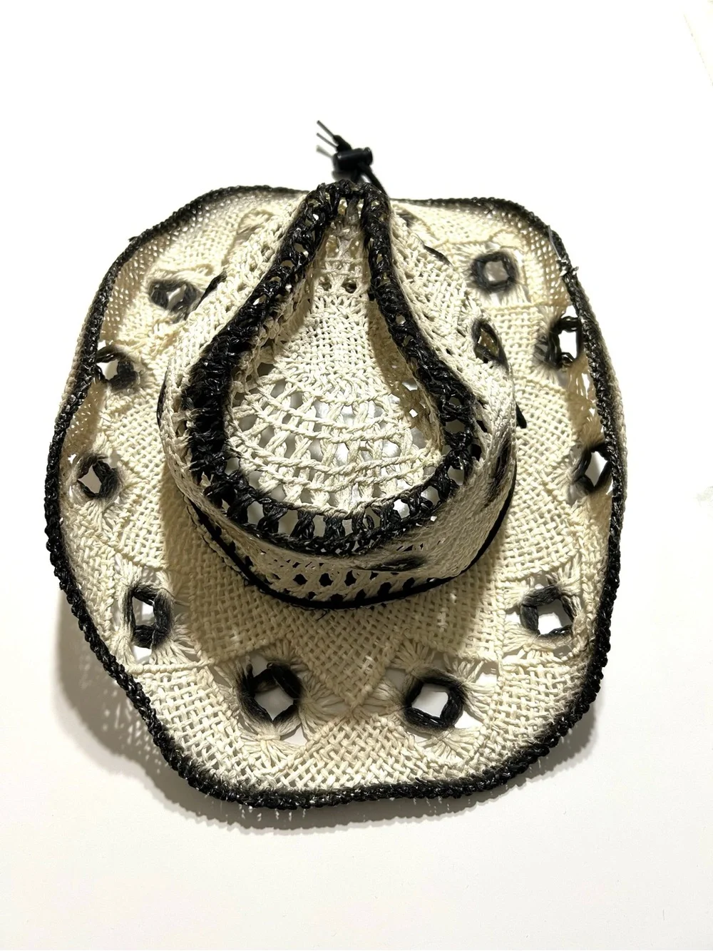 Handmade Straw Cowgirl Hat with Black Trim and Chin Cord